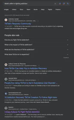 Google results of "TikTok's effort in fighting addiction"